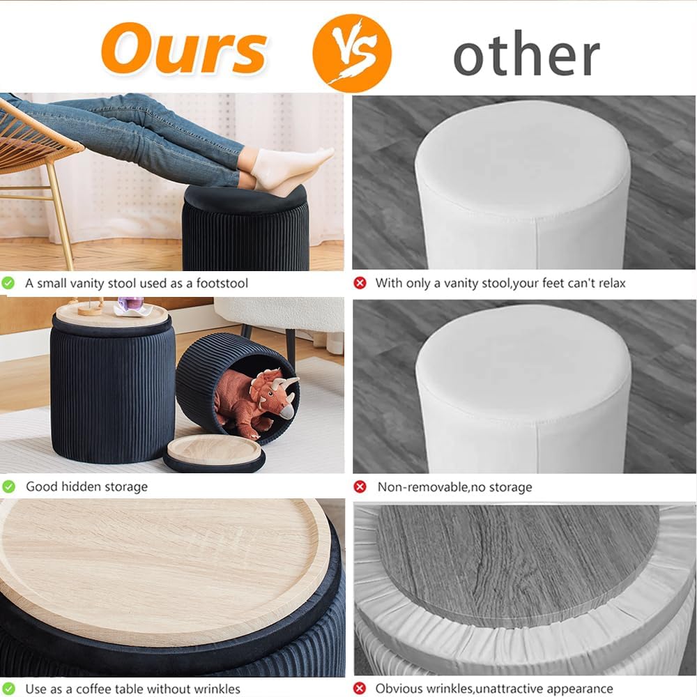 Round Ottoman with Storage Set of 2-Upholstered Velvet Vanity Stool for Makeup Multifunctional