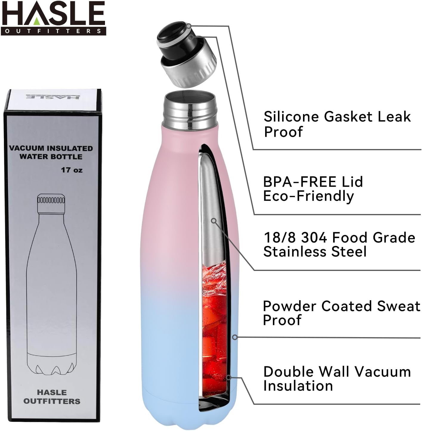 HASLE OUTFITTERS 17oz Stainless Steel Water Bottles, Vacuum Insulated Water Bottles Double Walled