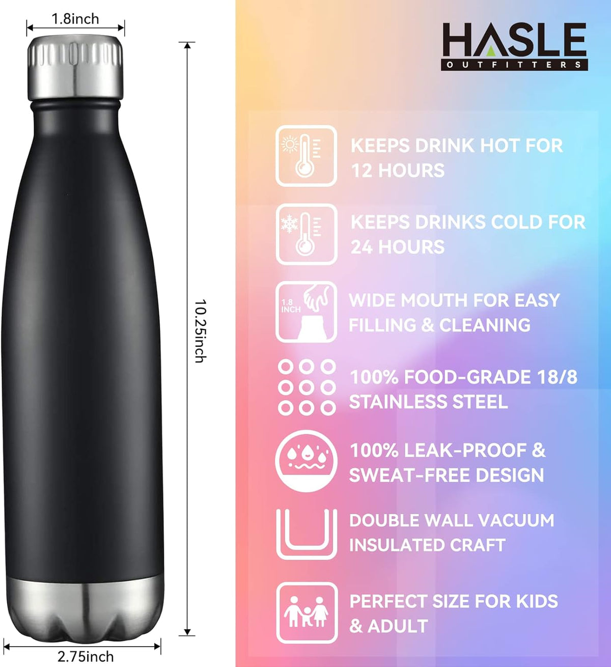HASLE OUTFITTERS 17oz Stainless Steel Water Bottles Bulk, Vacuum Insulated Water Bottles Double