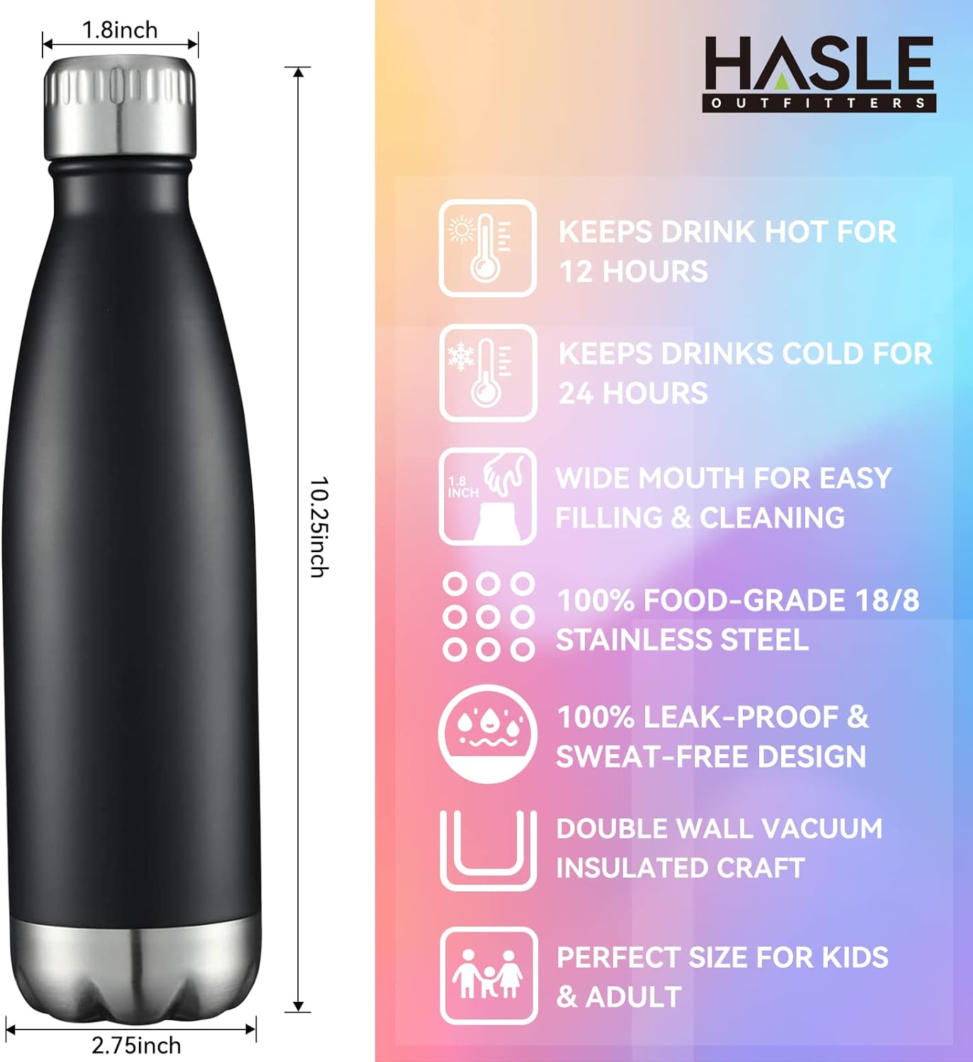 HASLE OUTFITTERS 17oz Stainless Steel Water Bottles Bulk, Vacuum Insulated Water Bottles Double