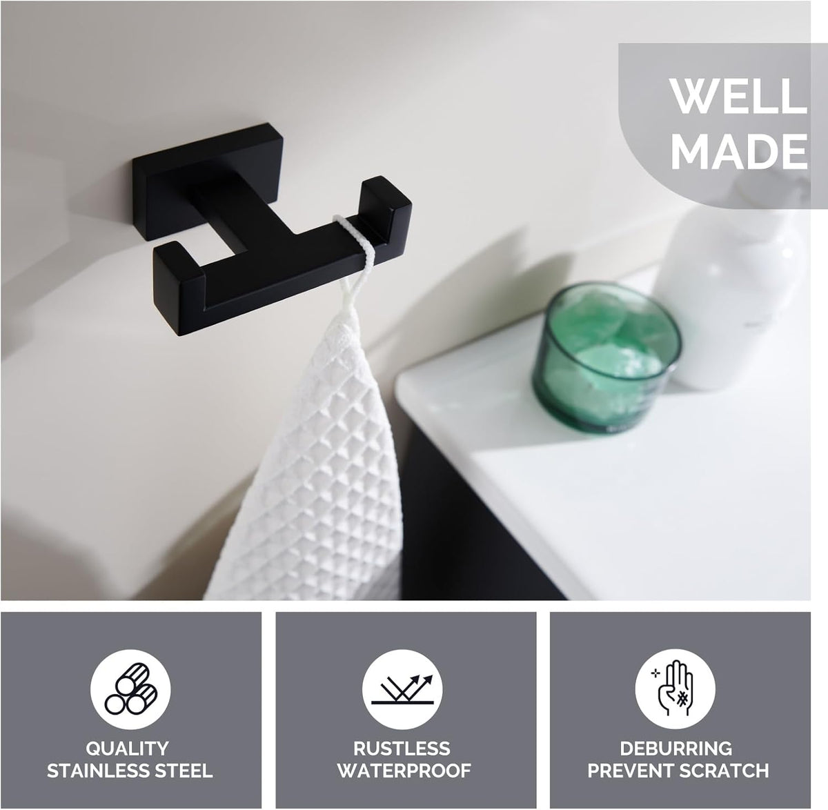 Angle Simple Double Towel Hook Matte Black, Stainless Steel Bathroom Towel Holder, Coat Robe Hook