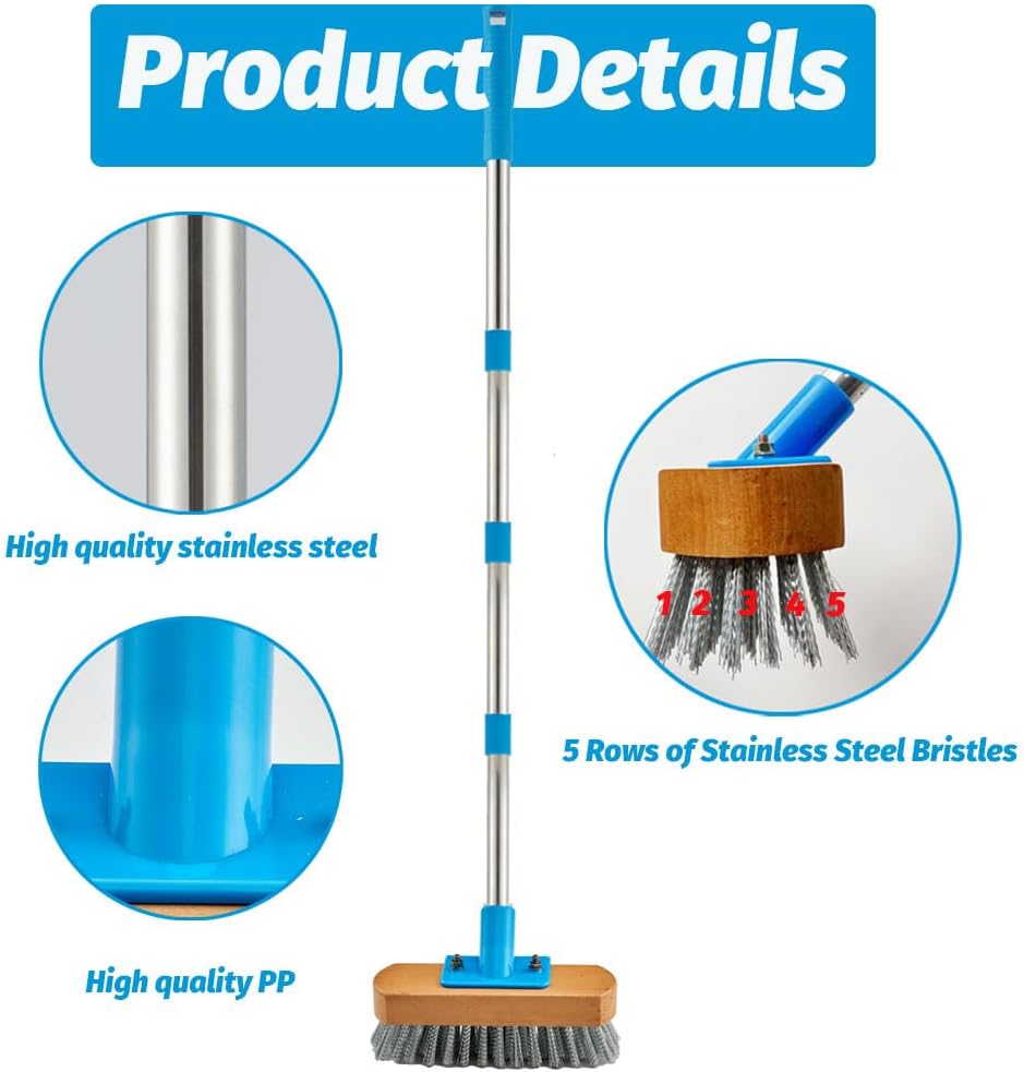 YONILL Stainless Steel Deck Scrub Brush with Long Handle - 60" Heavy Duty Floor Scrubber Brush with