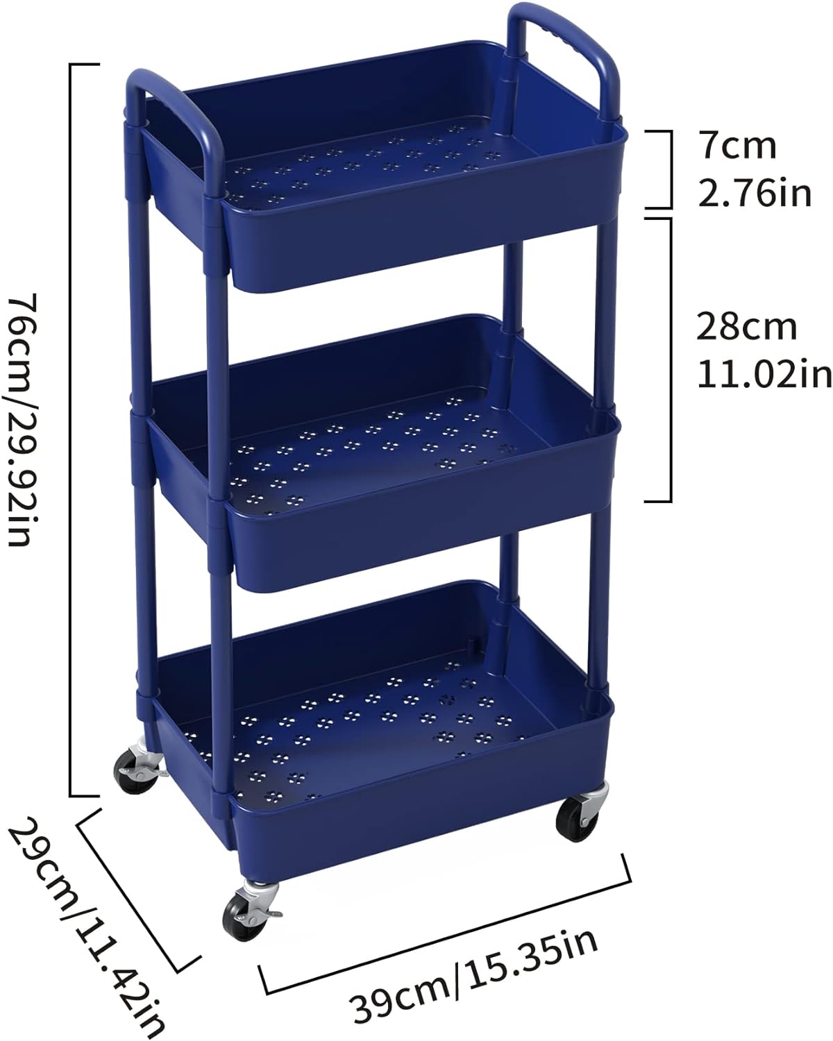 Sywhitta 3-Tier Plastic Rolling Utility Cart with Handle, Multi-Functional Storage Trolley for