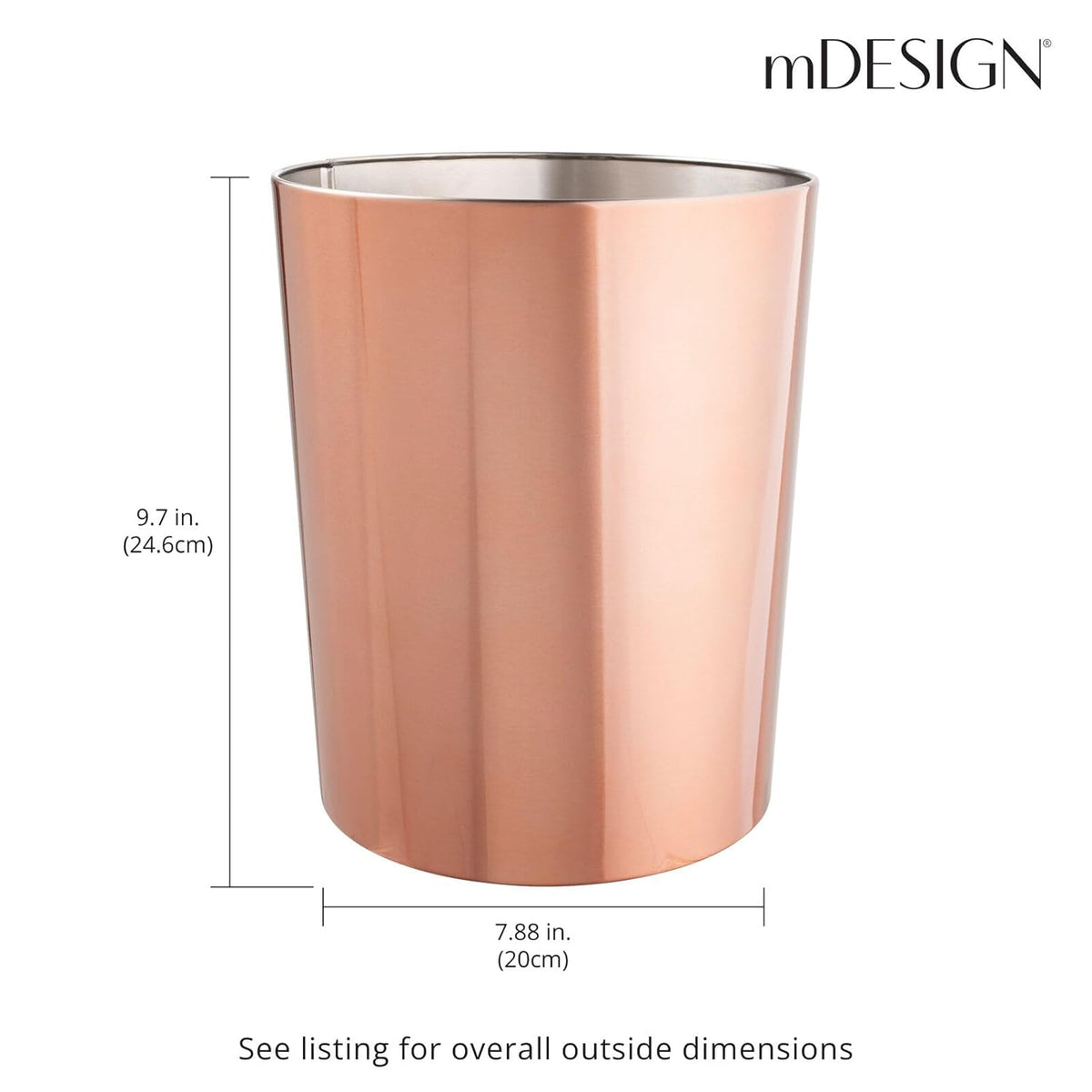 mDesign Round Metal Small 1.7 Gallon Recycle Trash Can Wastebasket, Garbage Container Bin for