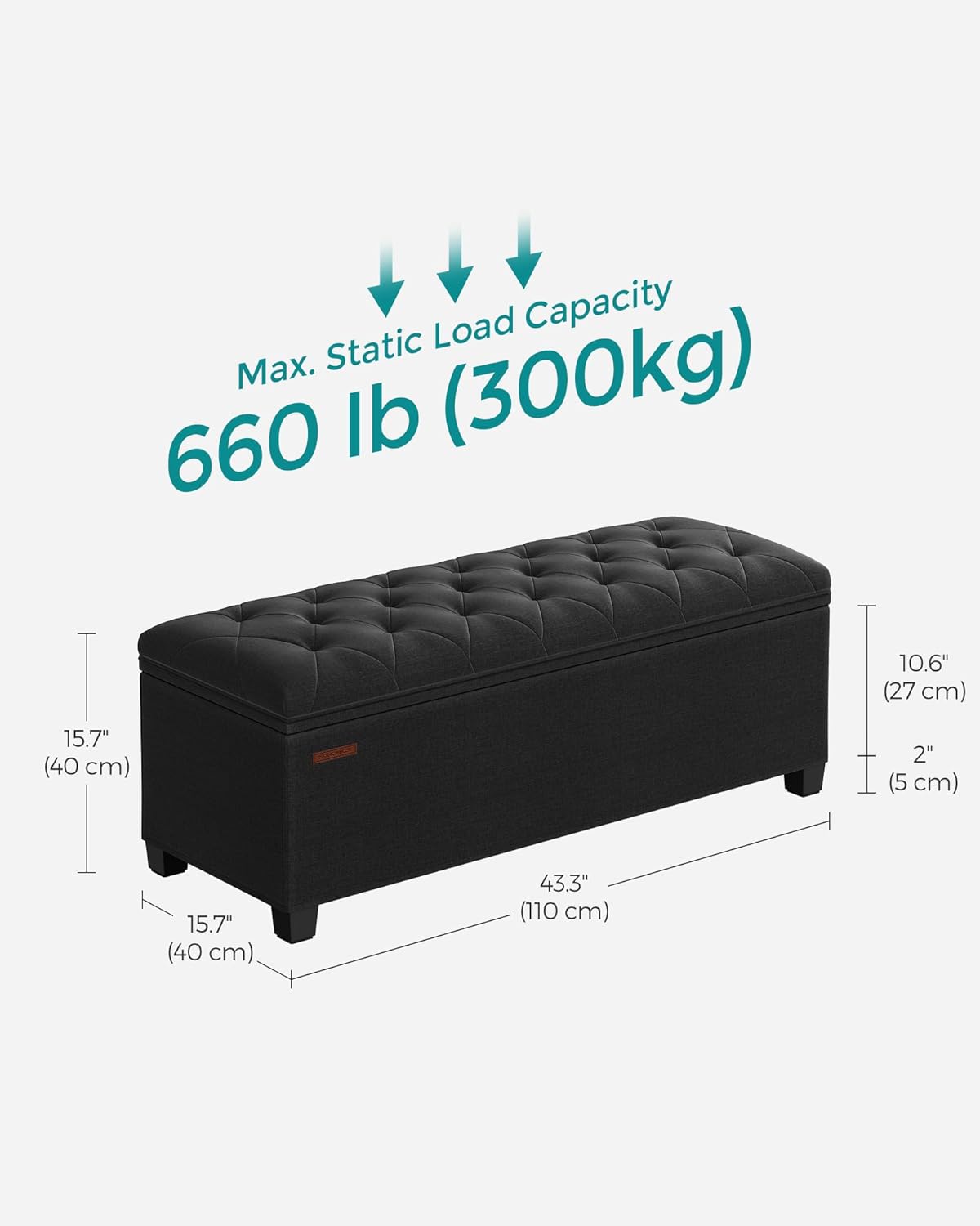 SONGMICS Storage Ottoman Bench, Foot Rest with Legs, 15.7 x 43.3 x 15.7 Inches, End of Bed Bench