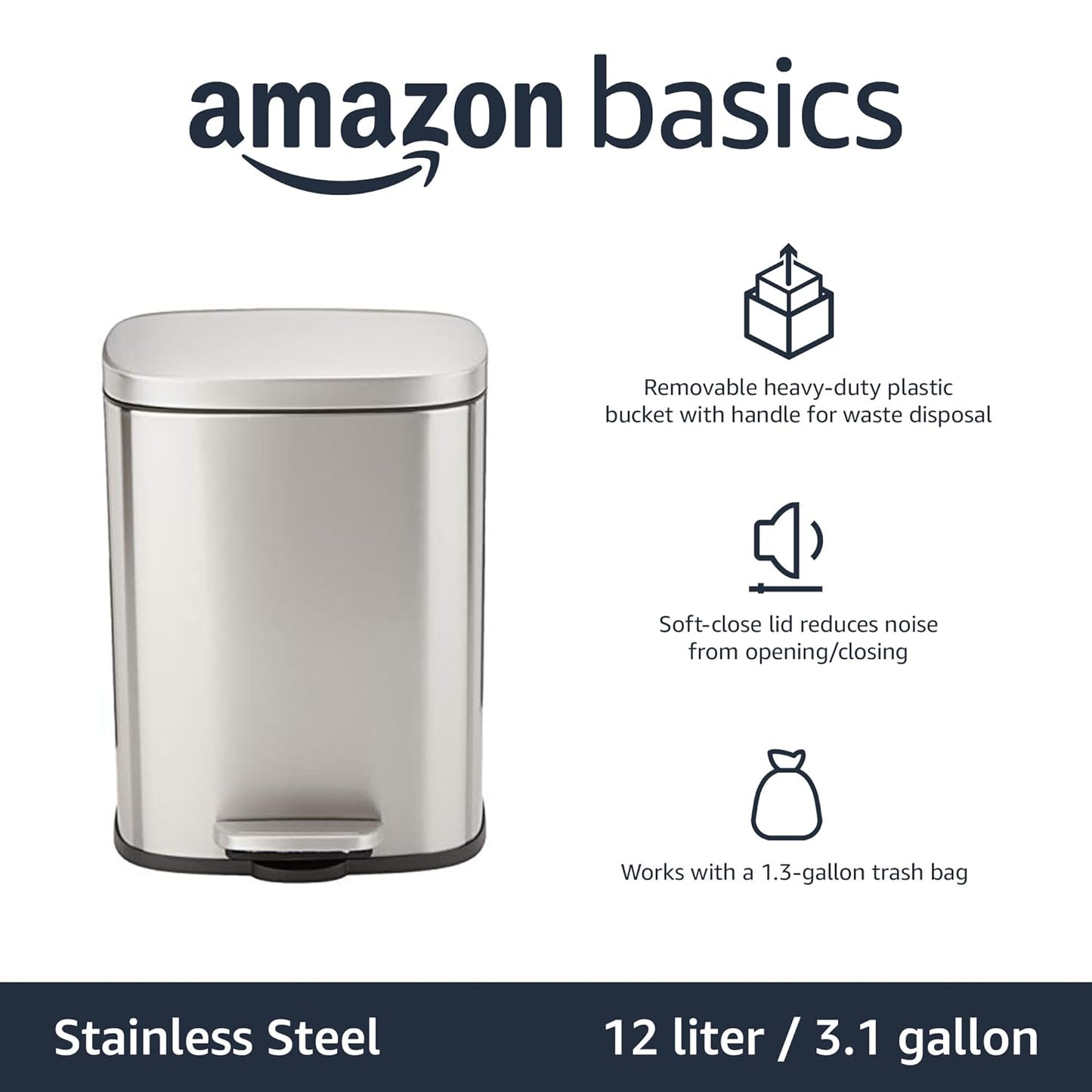 Amazon Basics Smudge Resistant Small Rectangular Trash Can With Soft-Close Foot Pedal, Brushed