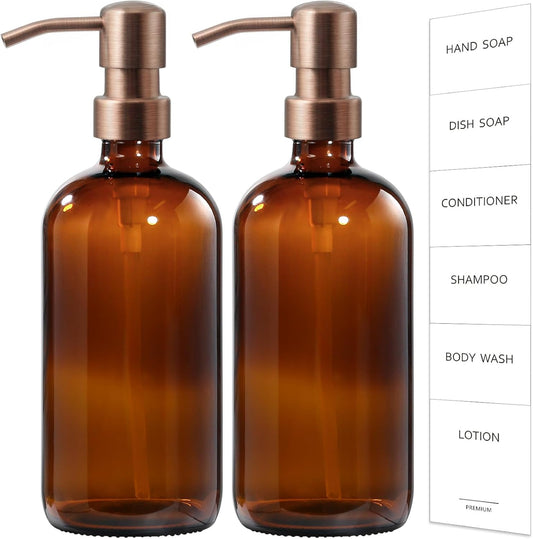 GMISUN Amber Glass Soap Dispenser, 2 Pack Bathroom Hand Soap Dispensers with Rose Gold Pump, 17 Fl