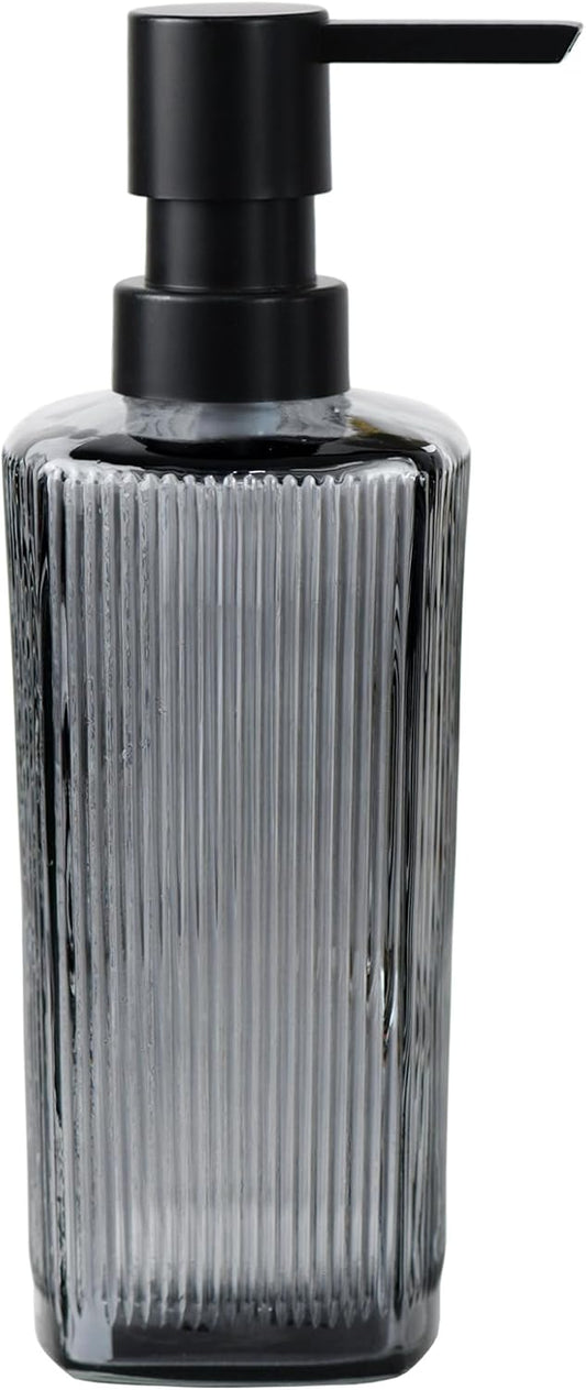 12 oz Glass Soap Dispenser with Vertical Stripe with Black Plastic Rustproof Pump, Small Refillable