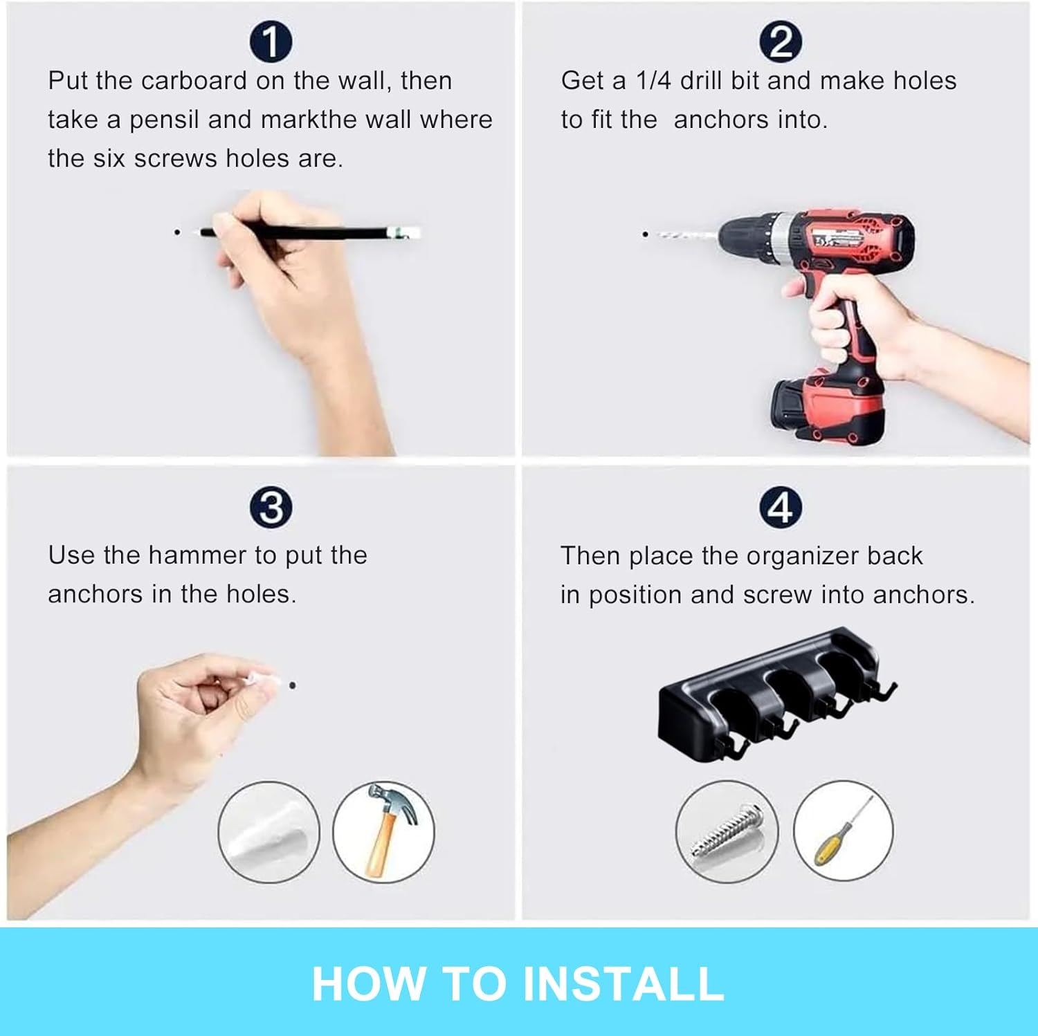 Broom and Mop Holder Wall Mount, Hooks Hanger for Mops and Broom, Organizer Kit with 3 Slots and 4
