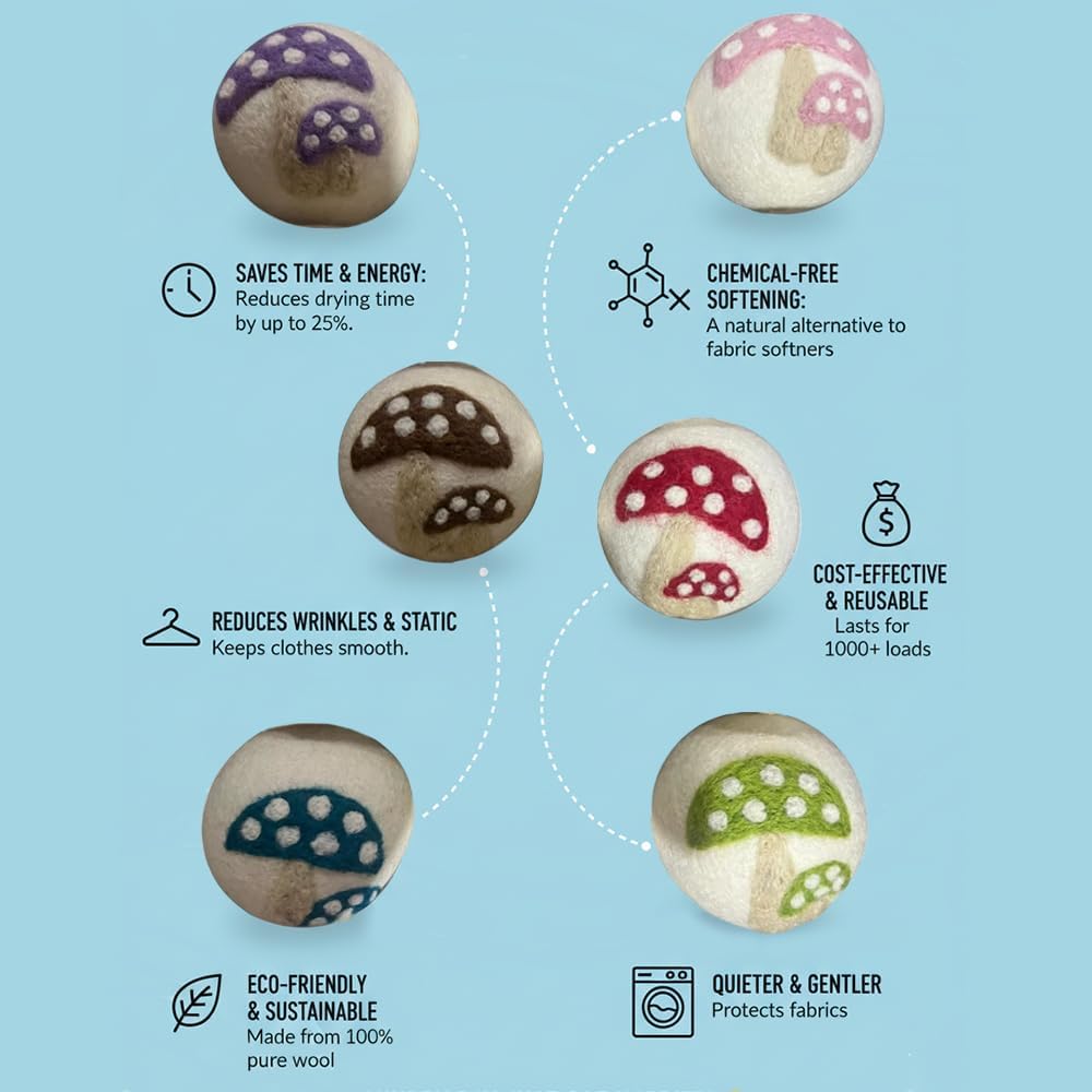 Ezhippie Quality Wool Dryer Balls - 6 XL Mushroom Pack - 1000+ Loads - Pure Organic Wool - Reusable