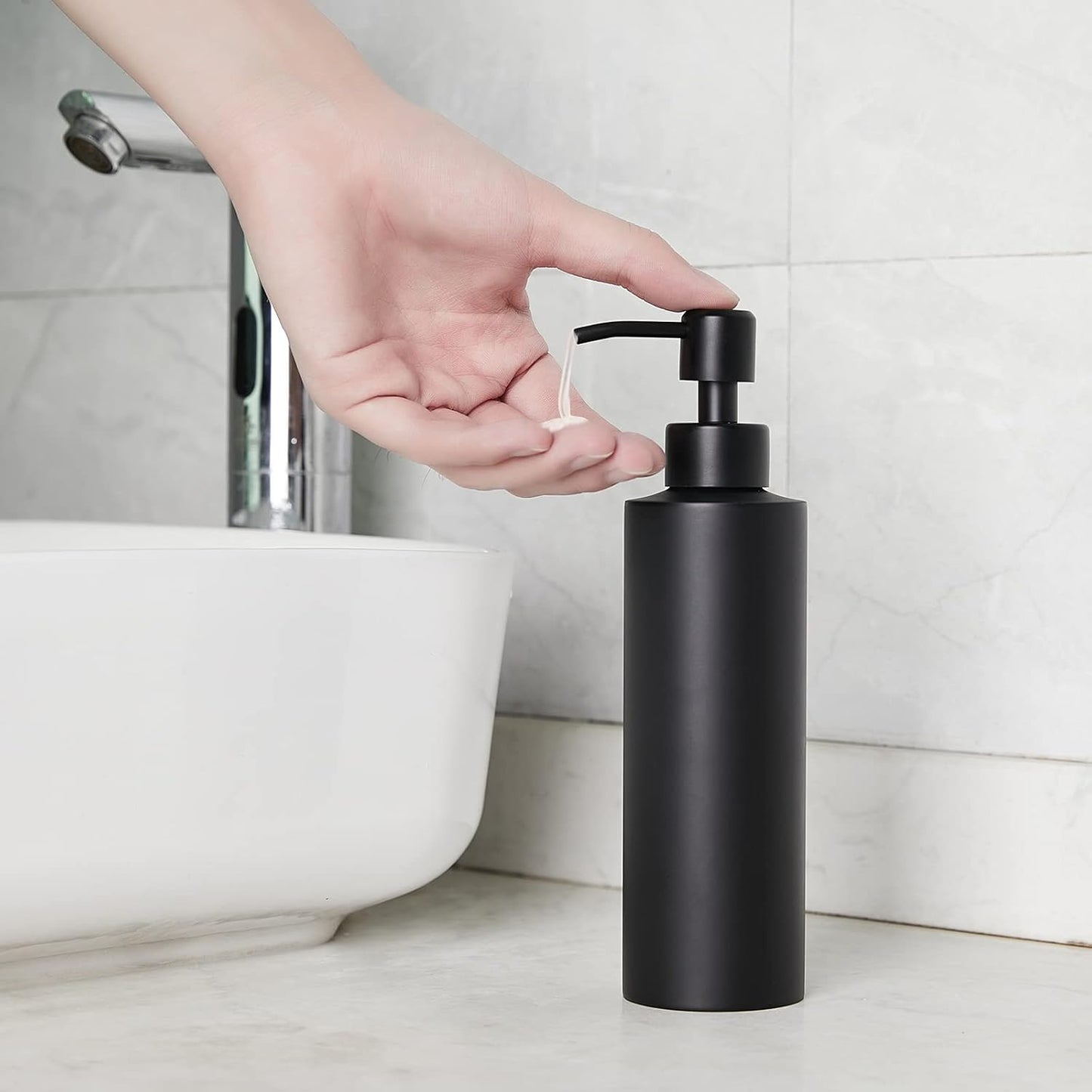 Soap Dispenser, Matte Black with Funnel and Non-Slip Coaster 304 Stainless Steel Metal Pump Hand
