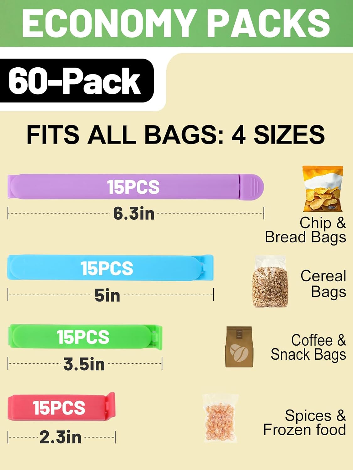 60 PCS Colorful Chip Clips - 4 Sizes Good Sealing Bag Clips for Food Snack Storage, Keeps Coffee