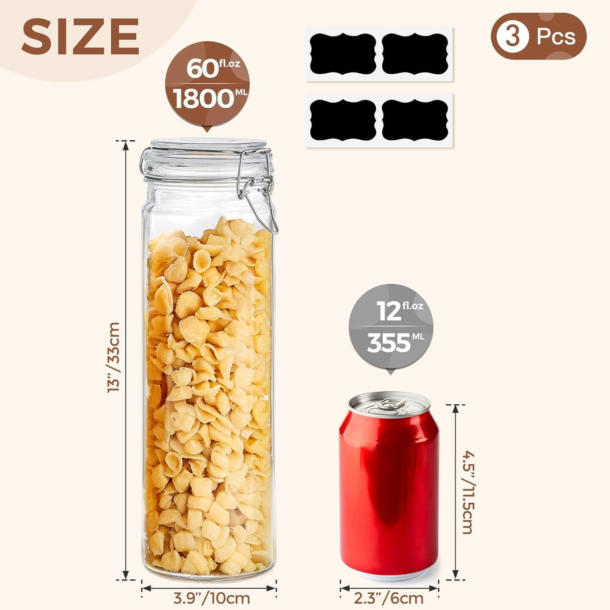ComSaf 60oz Airtight Glass Jars Set of 3 with Lids Food Storage Jar Round - Tall Spaghetti