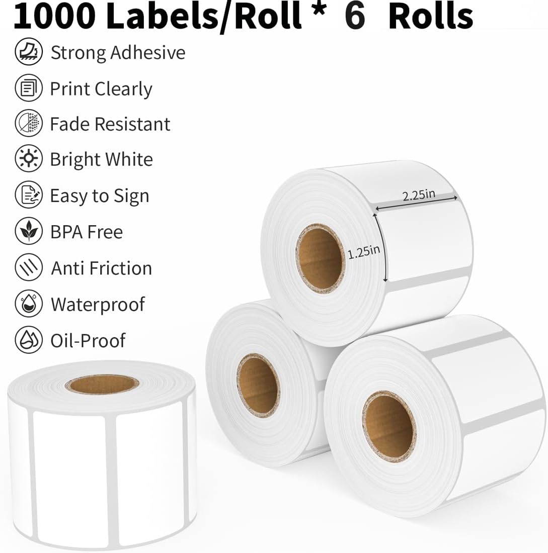 2.25 x 1.25 Thermal Labels, Printable Blank Label Stickers 6000 Label Papers for Barcode Labels