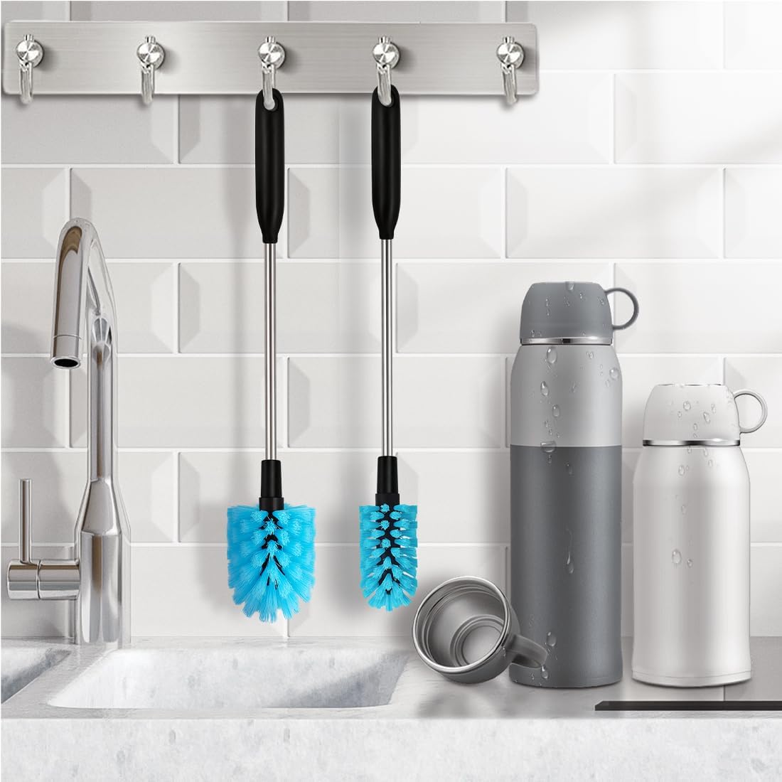2-in-1 Stainless Steel Long Handled Water Bottle Brush, Multi-Purpose Bottle Scrubbing Brush, Soft