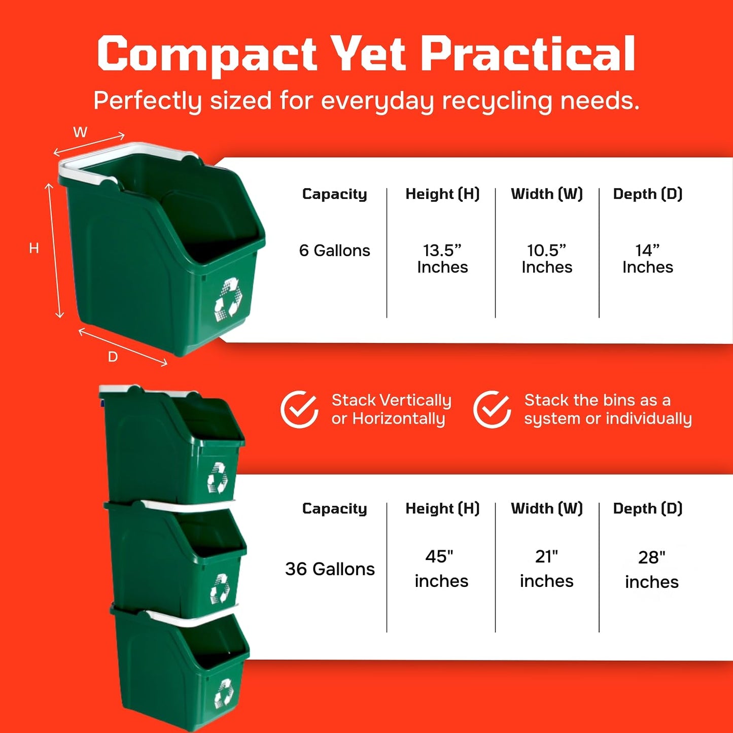 Multi Recycling Bin System with Three Stacking 6 Gallon Bins with Carrying Handles, Stackable and