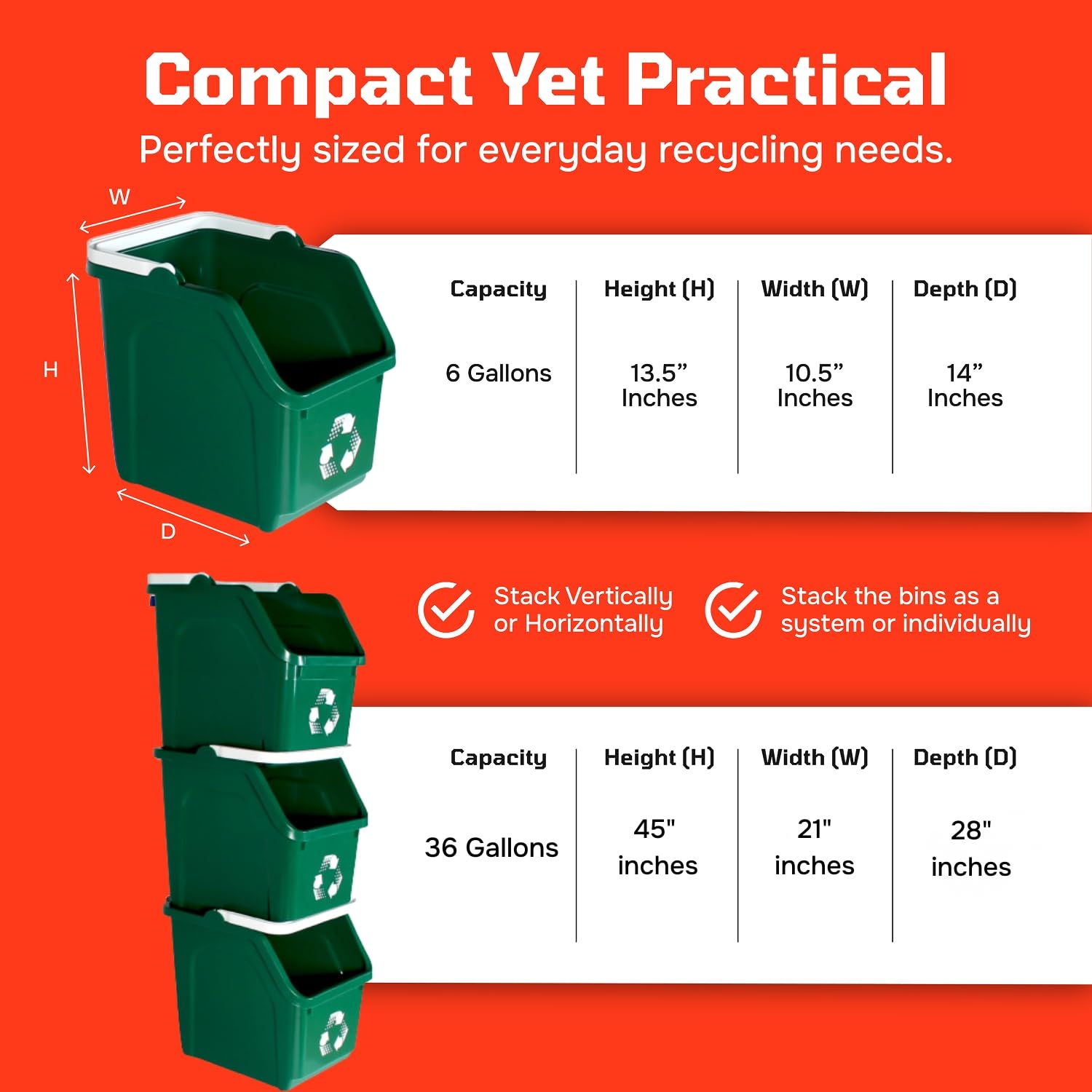 Multi Recycling Bin System with Three Stacking 6 Gallon Bins with Carrying Handles, Stackable and