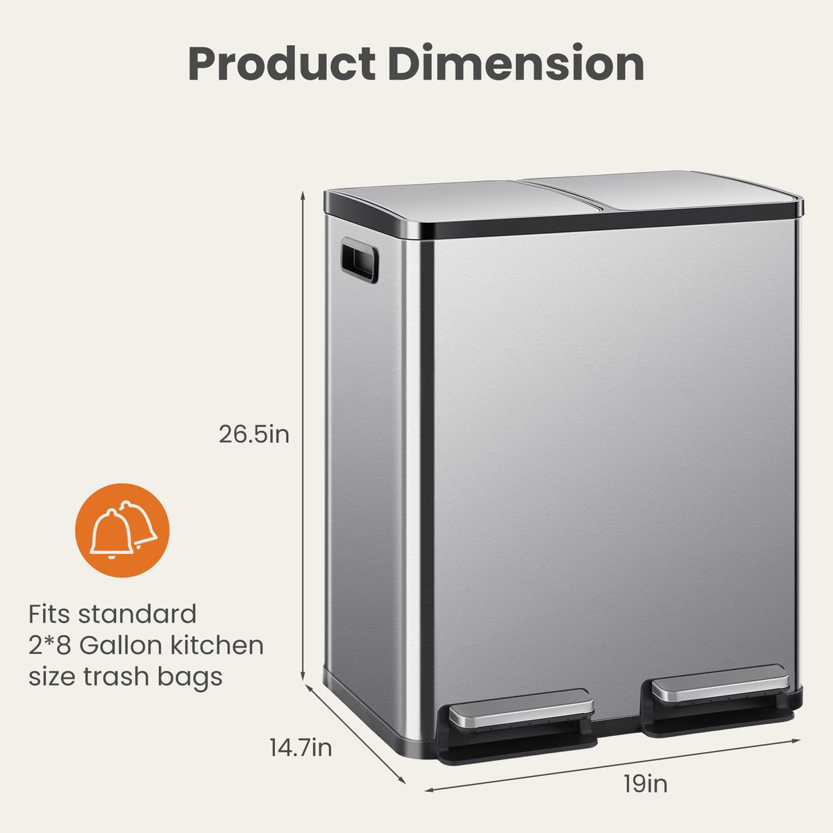 DUMOS Kitchen Trash Can, 2x8-Gallon Dual Trash Can with Lid, Stainless Steel Garbage Bin with 2