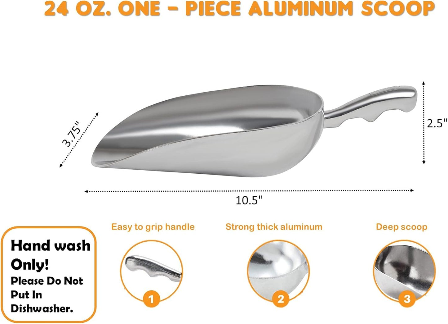 Cast Aluminum Utility Scoop - 24 oz. - Round Bottom, ice scoop For Multi-Purpose Use, With Finger
