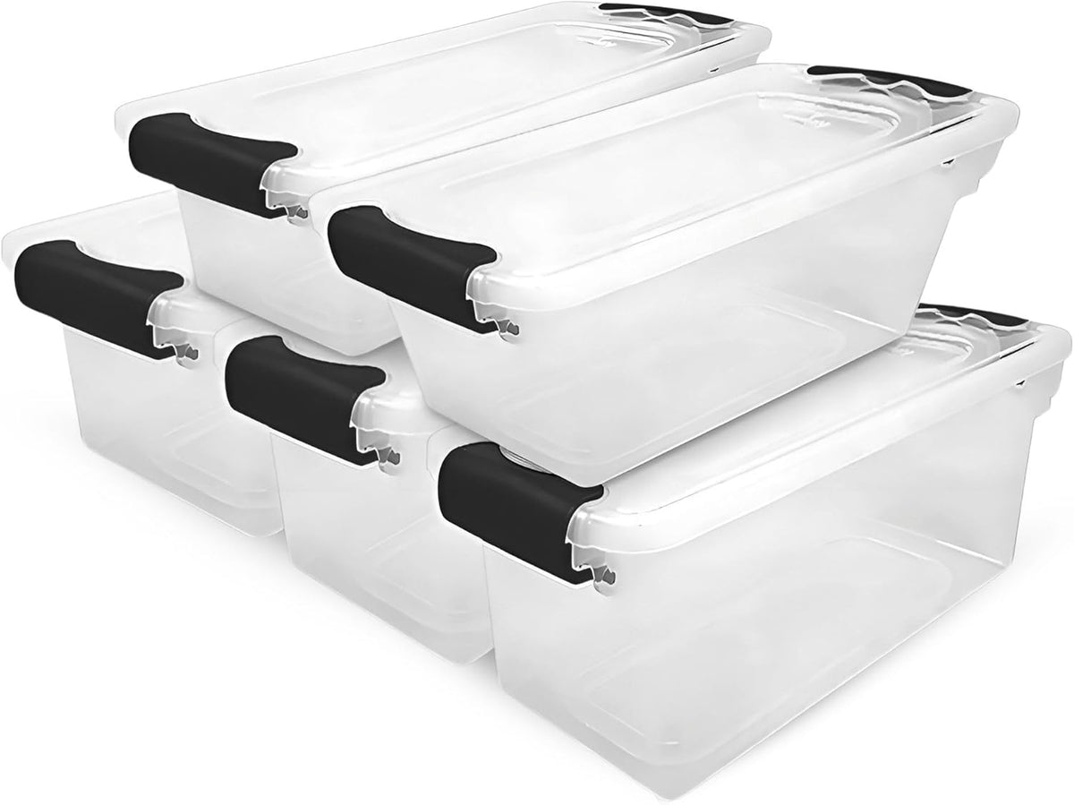HOMZ 5-Pack Latching Lid, Clear Plastic Storage Organizer Bins, 7.5 Quart, Gray Latch - Stackable