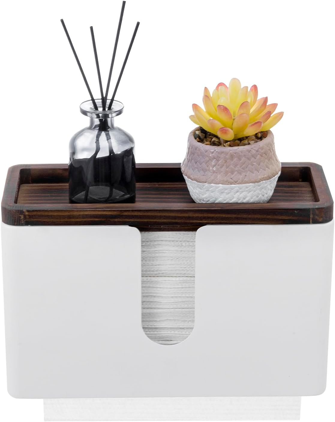 MyGift Deluxe Modern Matte White Metal Folded Commercial Paper Towel Holder with Rustic Burnt Solid