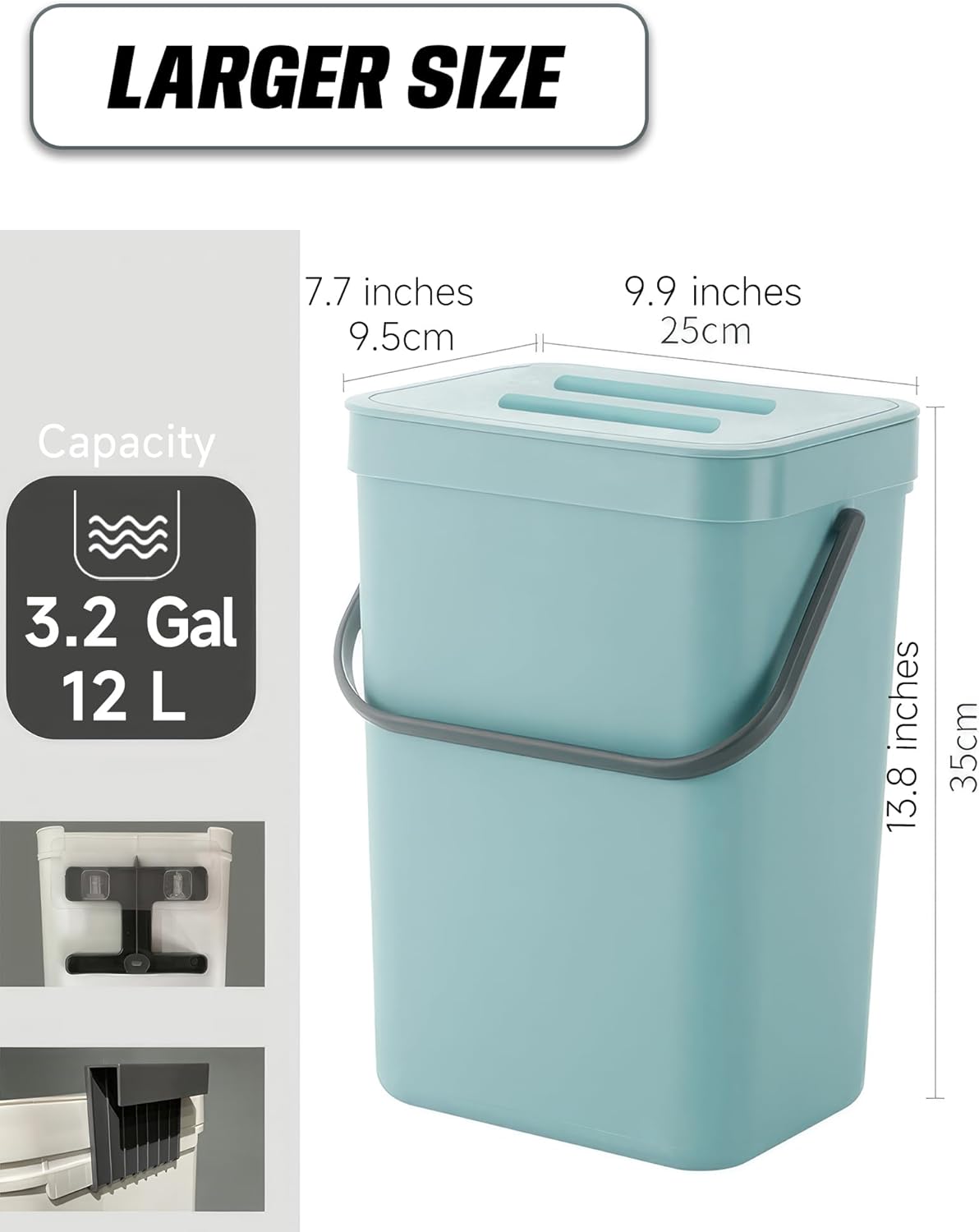 Kitchen Compost Bin - 3.2 Gallons Hanging Trash Can with Lid for Kitchen Bathroom, Under Sink Trash