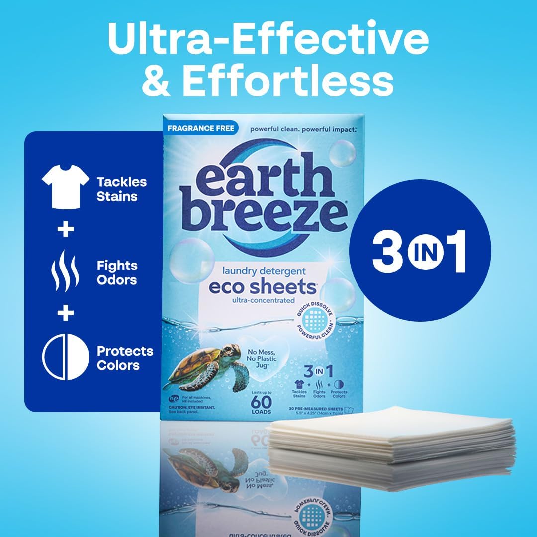 Earth Breeze Laundry Detergent Sheets Fragrance-Free - 180 Loads Eco Liquidless Soap