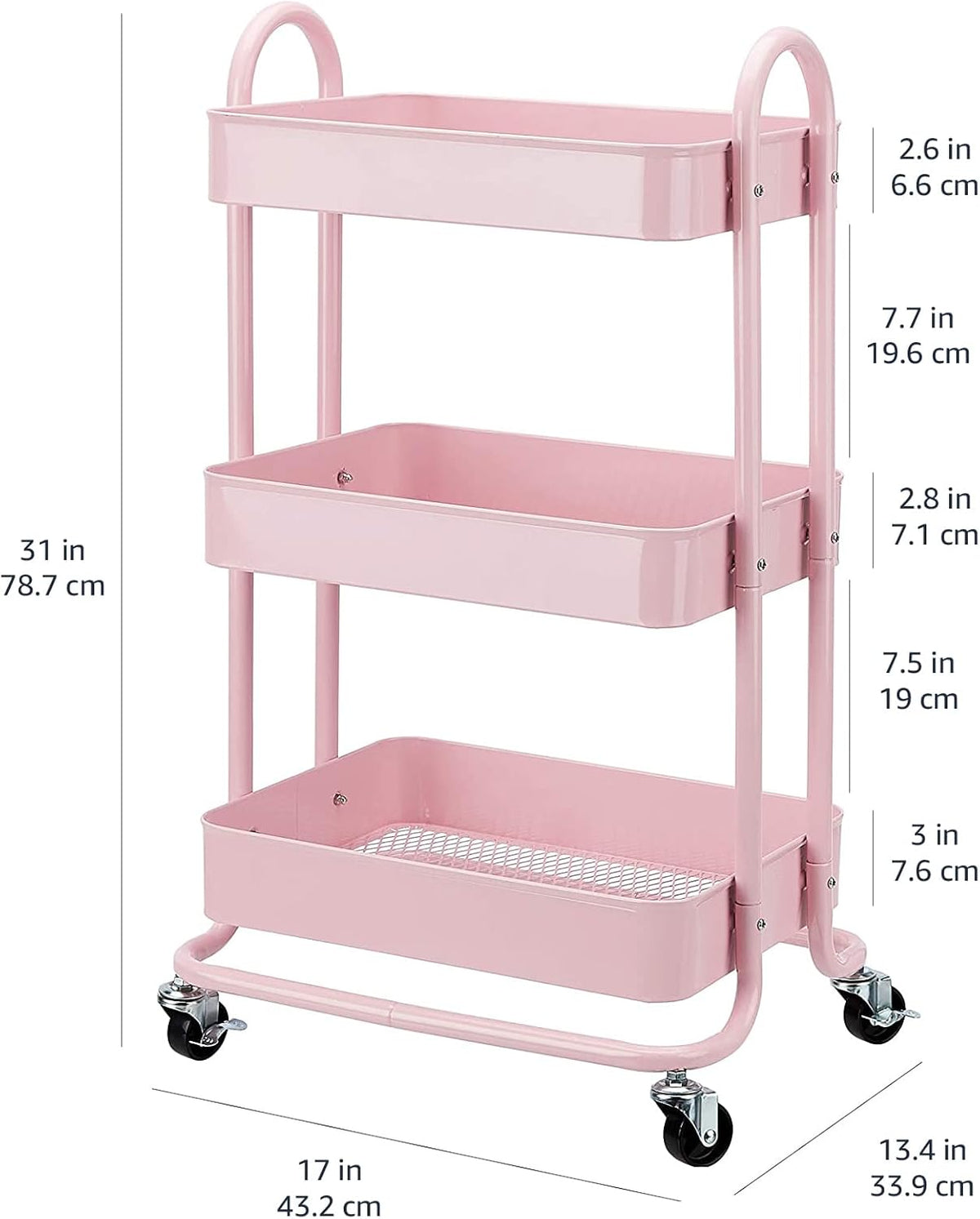 Amazon Basics 3-Tier Rolling Utility or Kitchen Cart, Lockable Wheels, Multifunctional Storage
