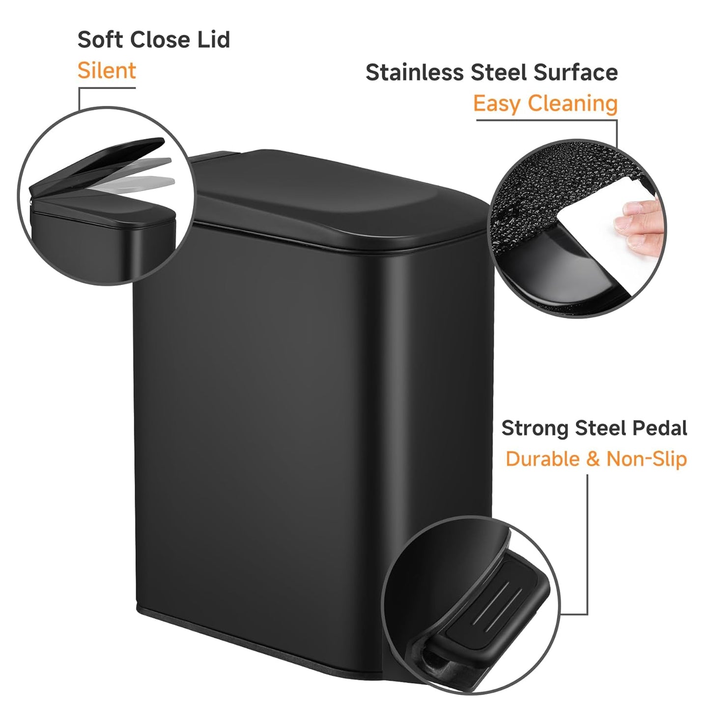 TIPGO Slim Bathroom Trash Can with Lid Soft Close, Step Pedal, 6 Liter / 1.6 Gallon Stainless Steel