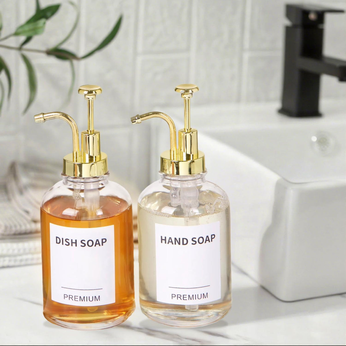 12oz Dish Soap Dispenser for Kitchen, Hand Glass Soap Dispenser Set with Pump, Tray, Funnel for