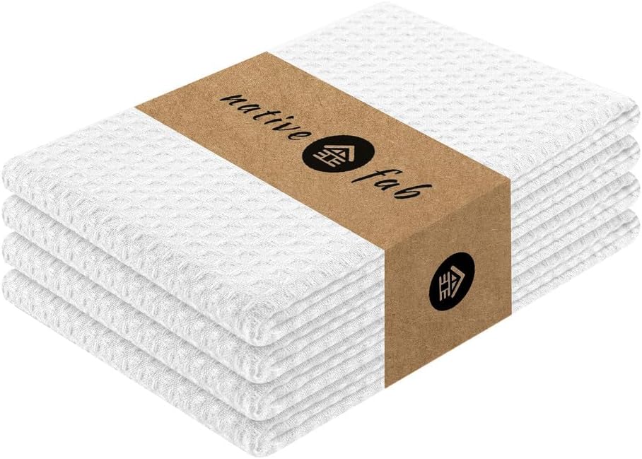 Native Fab Cotton Kitchen Towel with Hanging Loop 16x26 inches, 4-Pack, Waffle Weave Kitchen Towels