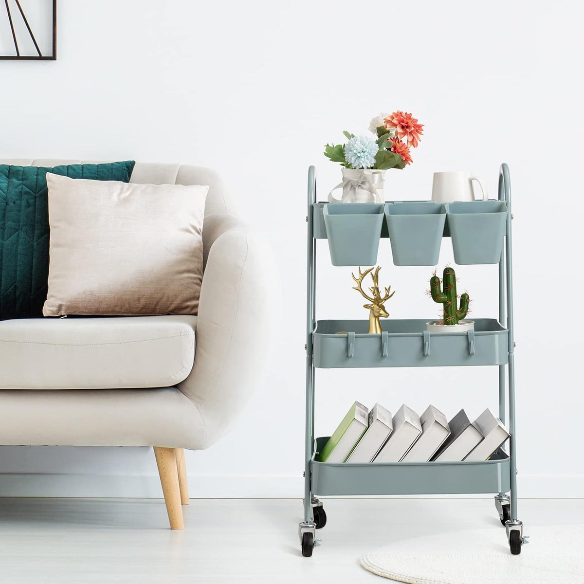 danpinera 3-Tier Rolling Cart, Metal Rolling Storage Cart with Lockable Wheels & Hanging Cups &