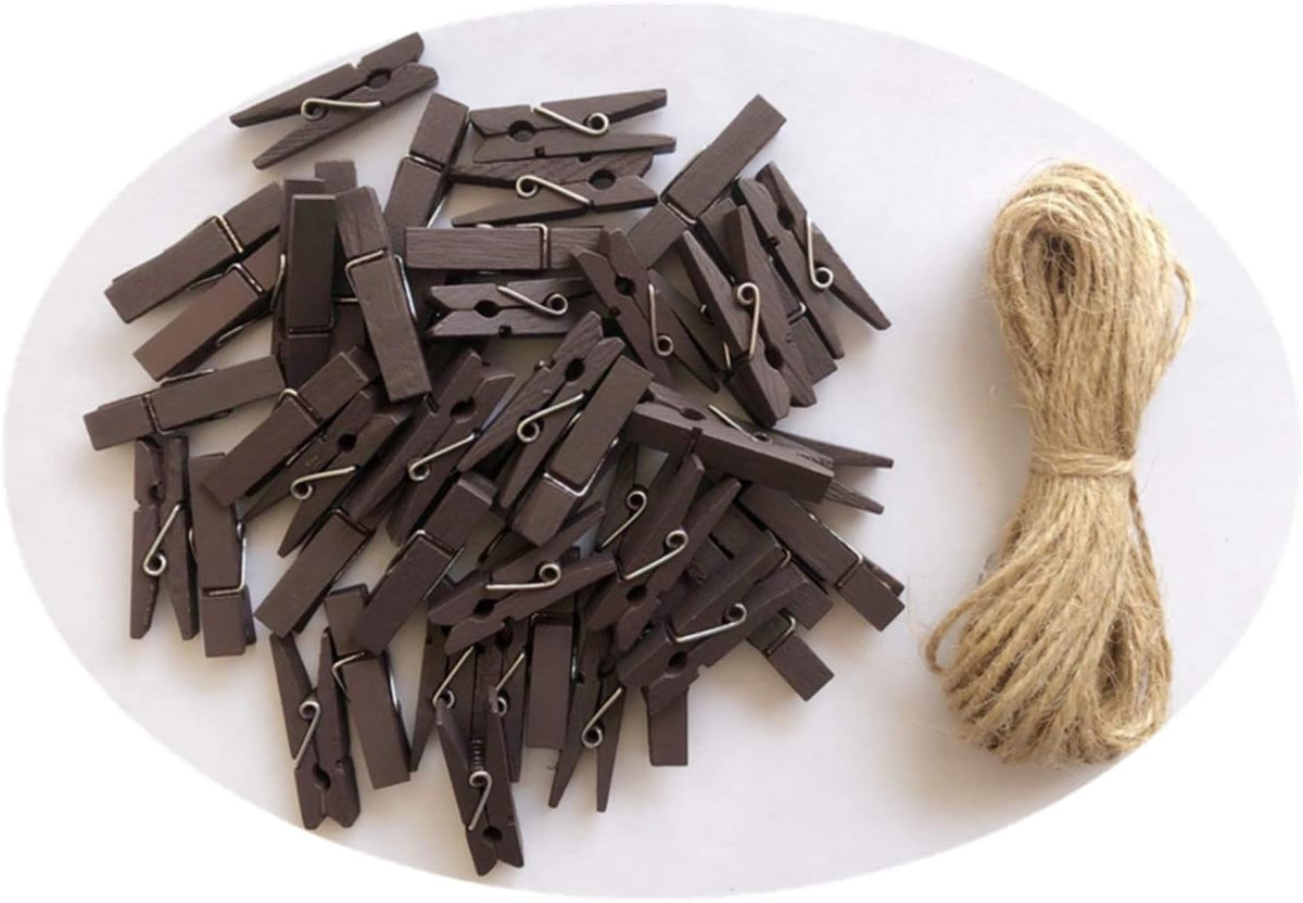 DurReus Small Wood Clothespins Cute Clip Photo Holders DIY Art Craft Display with Jute Twine Brown