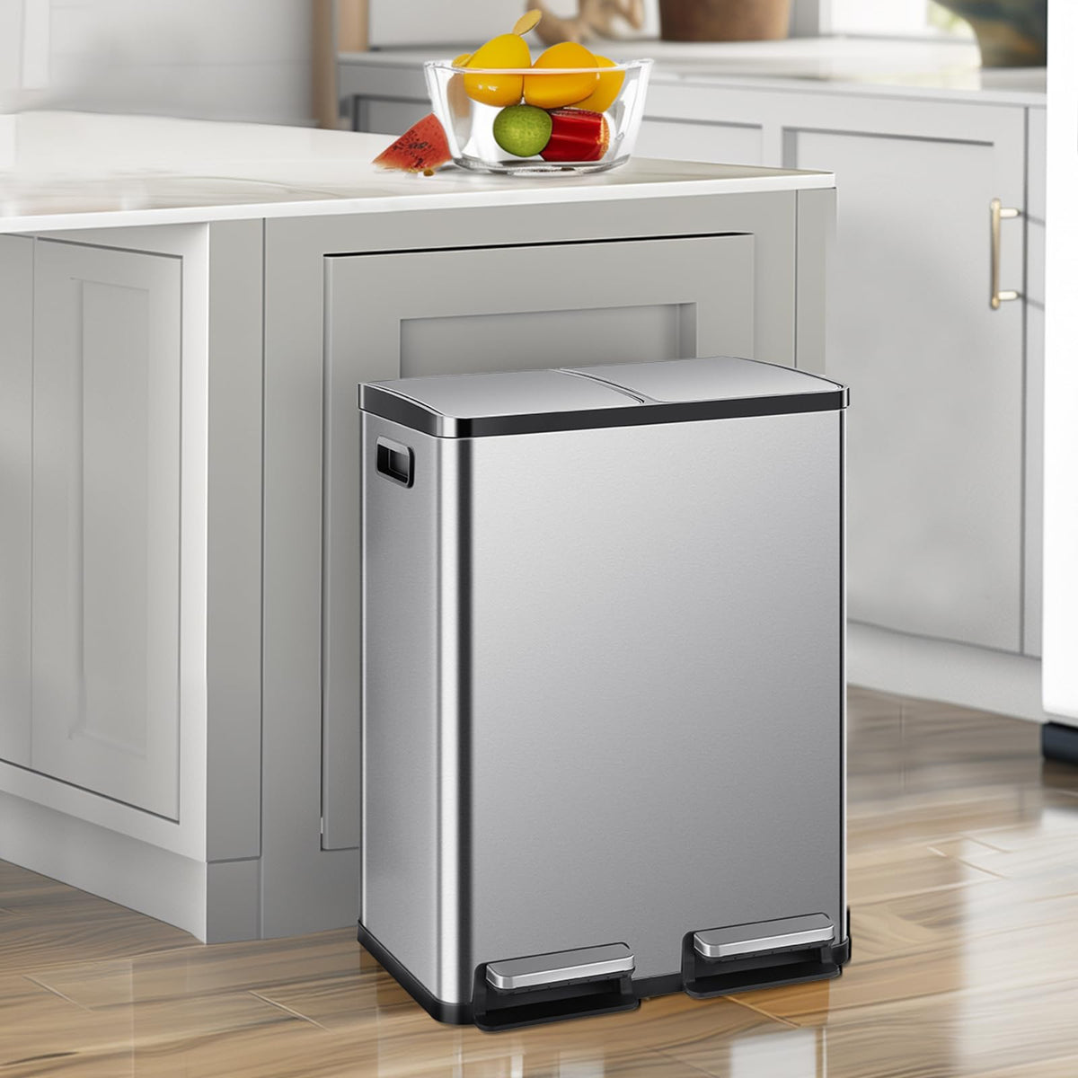 DUMOS Kitchen Trash Can, 2x8-Gallon Dual Trash Can with Lid, Stainless Steel Garbage Bin with 2