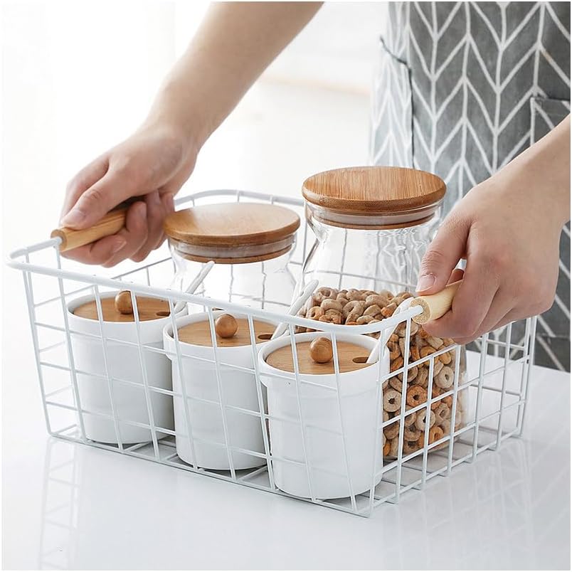 LeleCAT white wire baskets for organizing with Wooden Handles Storage Organizer Baskets, Household