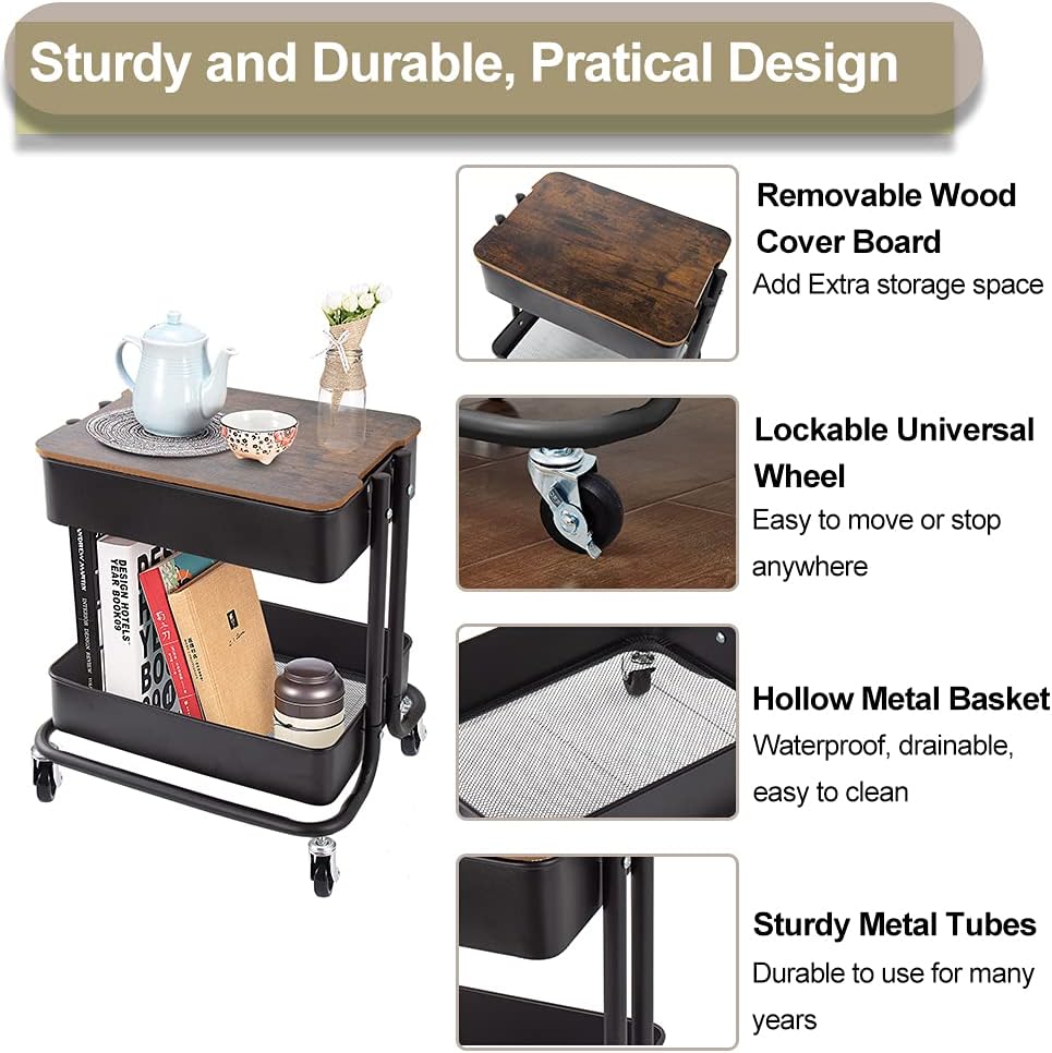 Melody House 2-Tier Metal Utility Rolling Cart Storage Organizer with Cover Board Mobile Trolley