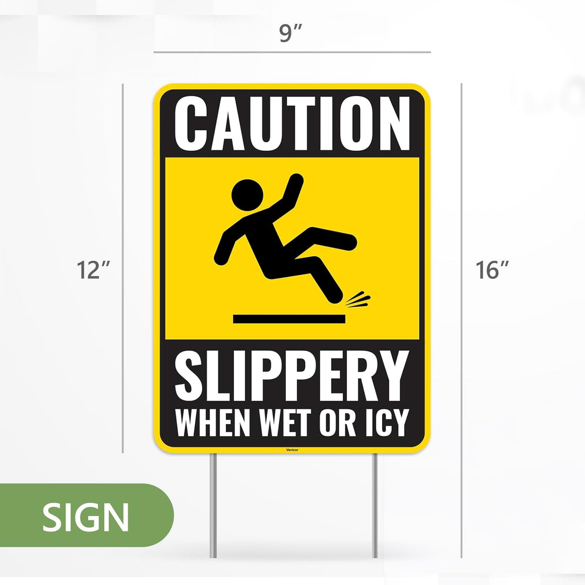 2PC Caution Slippery When Wet Or Icy Sign with Metal Stakes, 12 Inches by 9 Inches - Corrugated