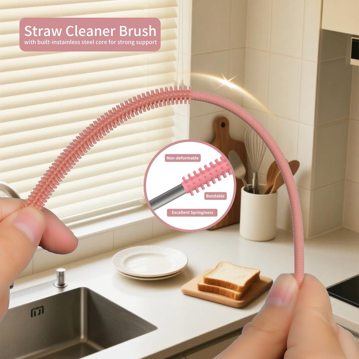 4PCS Silicone Straw Cleaner Brush, Reusable Straw Brush Extra Long for Cleaning Glass Metal