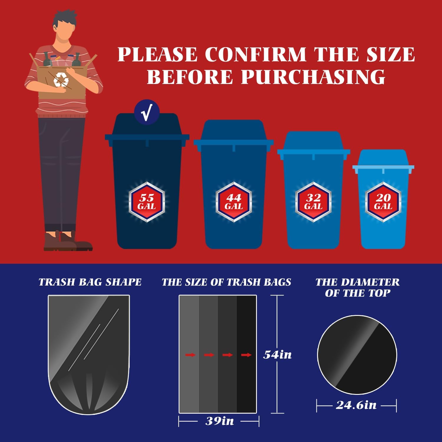 Teivio 55-60 Gallon Black Trash Bags | 170 Bags Extra Large Multi-Use Heavy Duty Commercial Garbage