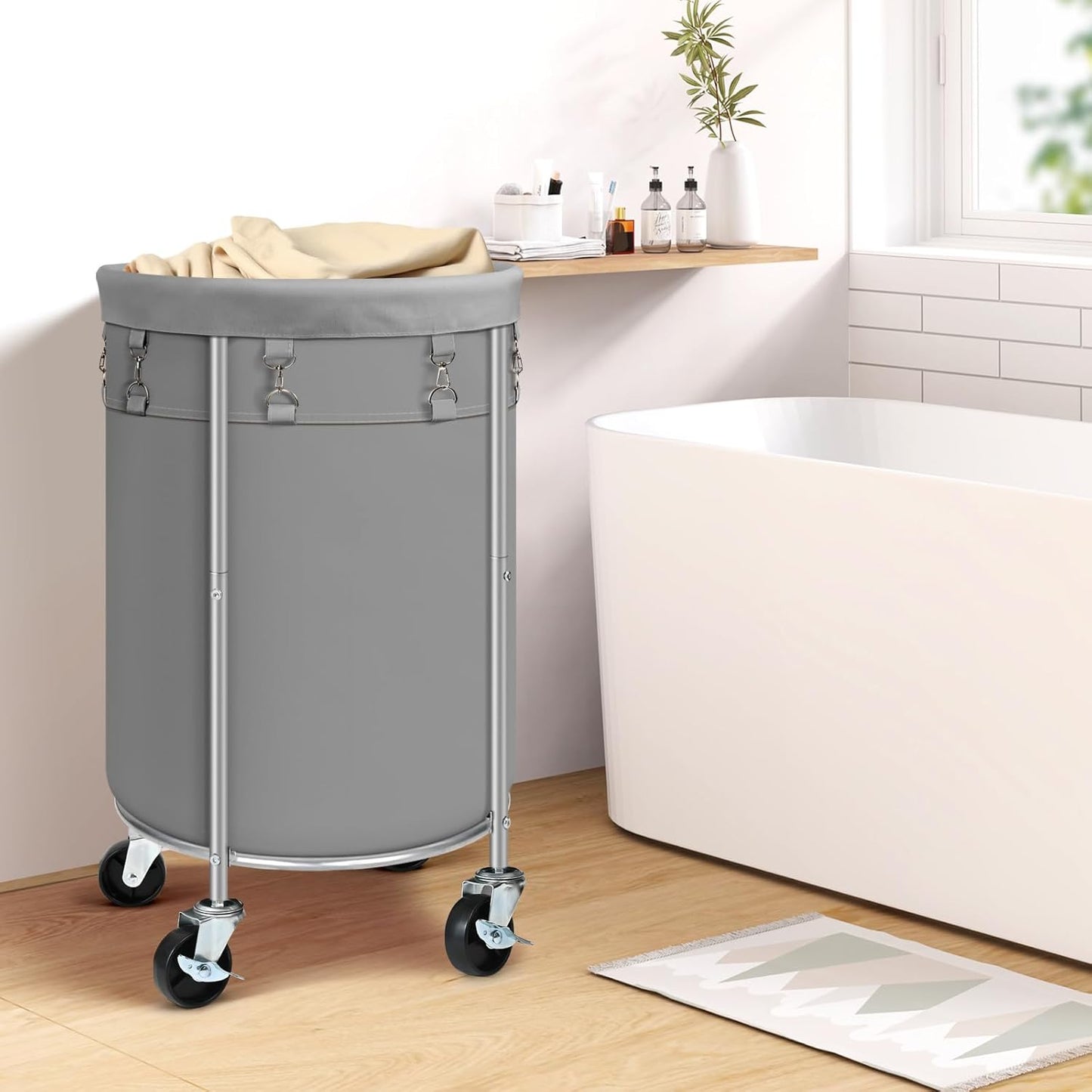 Laundry Hamper with Wheels, 100L Round Rolling Laundry Basket Sorter with Removable Bag, Clothes