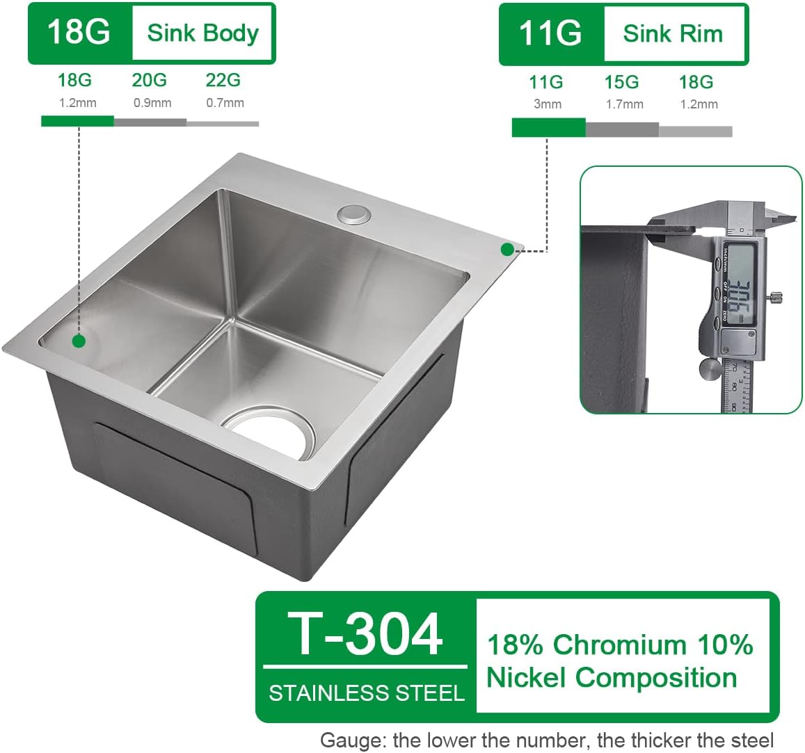15x17 inch Bar Sink Drop in, Handmade 304 Stainless Steel Sink, 8" Deep Single Bowl, R10 Tight