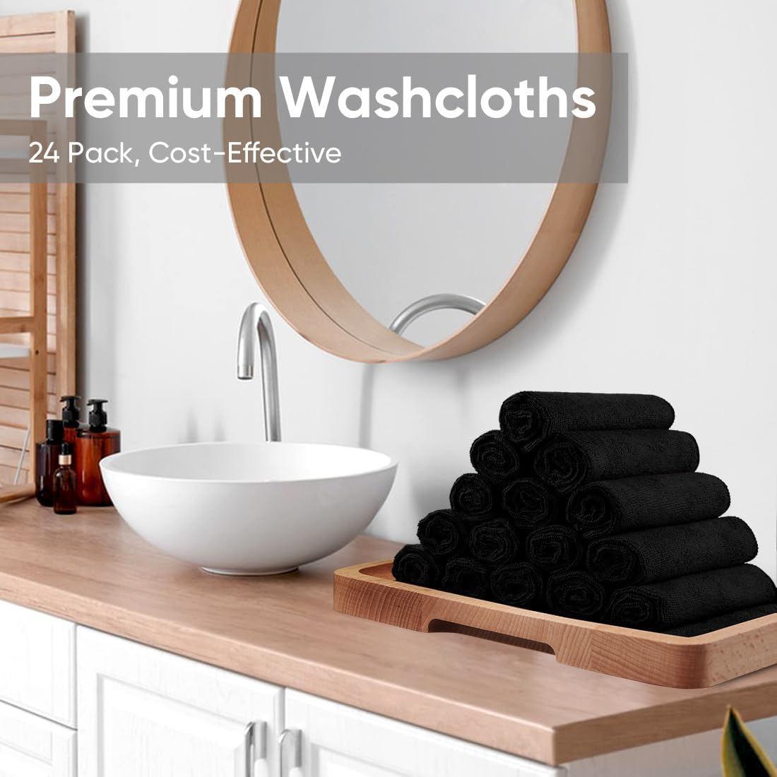 HOMEXCEL Black Washcloths 24 Pack, Highly Absorbent and Soft Microfiber Face Towel, Makeup Remover