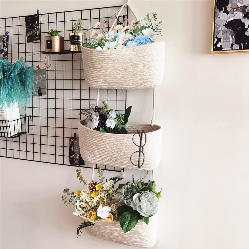 TeoKJ Over the Door Hanging Baskets, 3-Tier Woven Cotton Storage Organizer Bag with Hooks