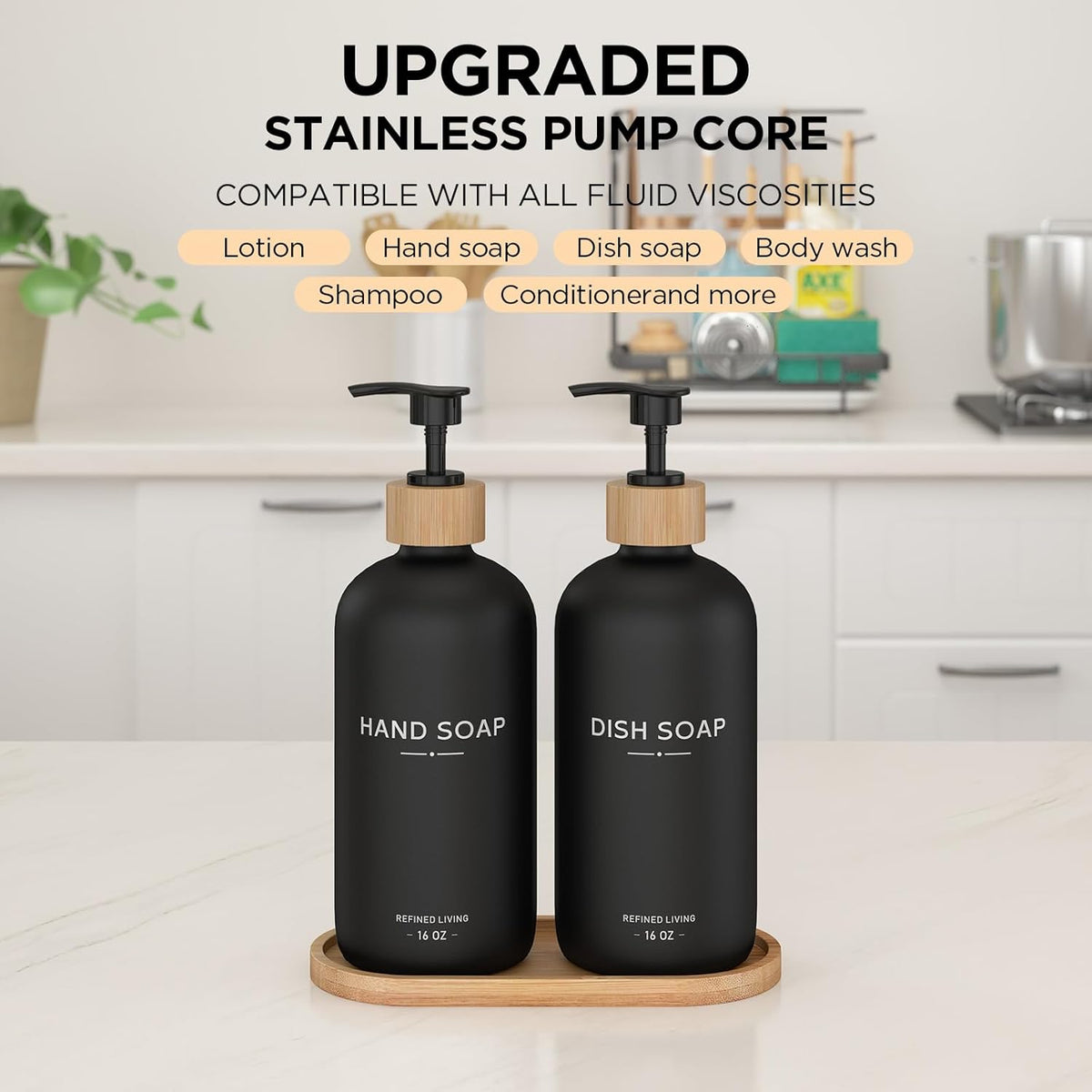 Hand and Dish Soap Dispenser Set,16oz Glass Bottles with Printed Labels, Bamboo Tray &