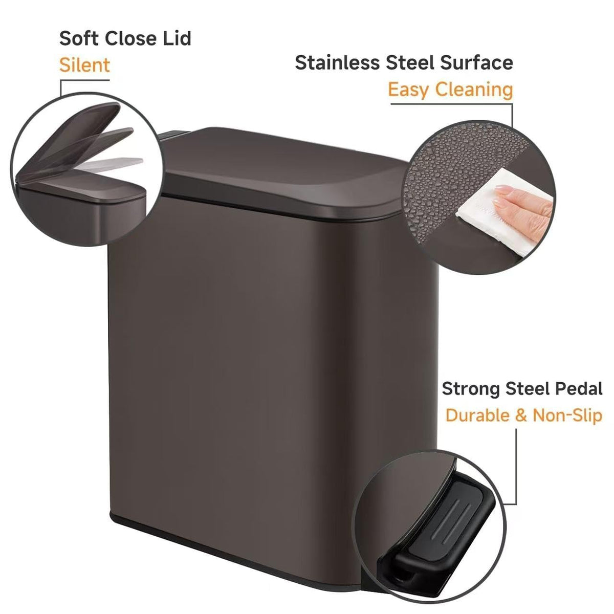 TIPGO Slim Bathroom Trash Can with Lid Soft Close, Step Pedal, 6 Liter / 1.6 Gallon Stainless Steel