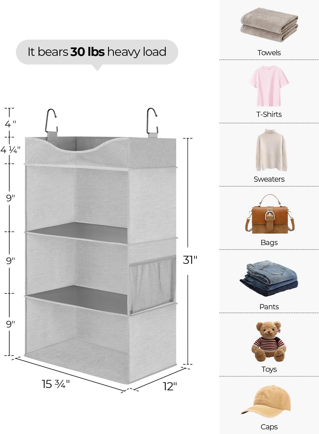 StorageWorks Hanging Closet Organizer, 3-Shelf Hanging Closet Shelves with Top Shelf, 15 ¾"W x 12"
