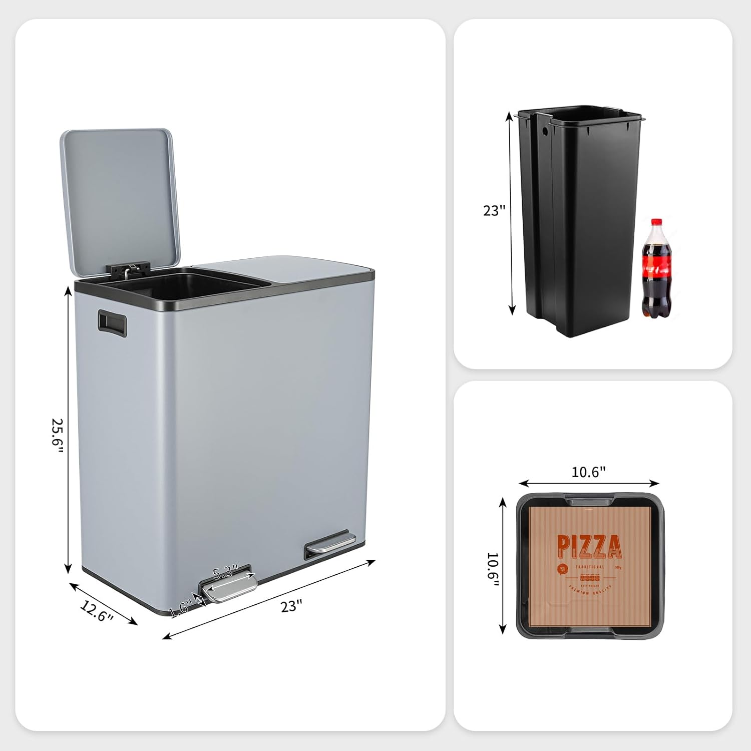 Arlopu 16 GallonStainless Steel Trash Can, 60L Dual Compartment, Metal Kitchen Step Recycle Bin