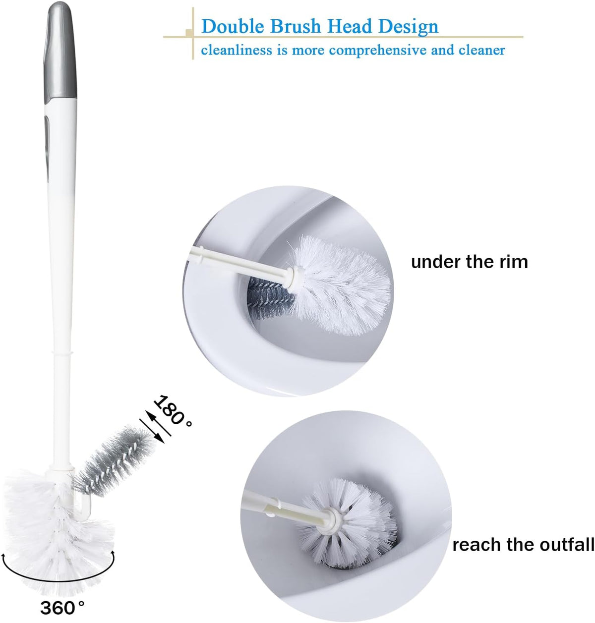 2 Pack Toilet Bowl Brush with Holder for Bathroom, Under-Rim Double Brush Head, Long Handle