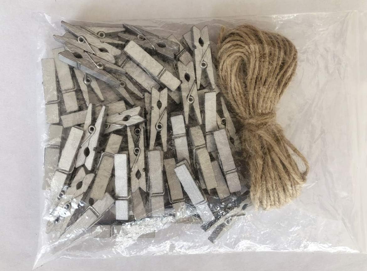DurReus Wood Clips Strong Photos Pins Peg Home Party Decorative Accessories with Jute Twine Silver