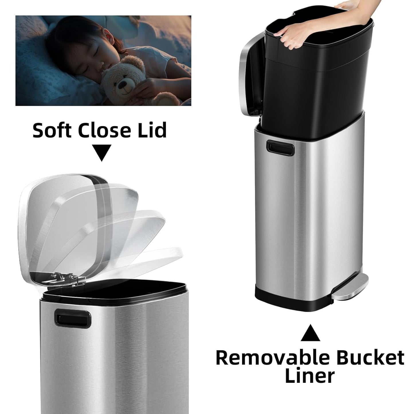 13 Gallon Trash Can with Lid, 50L Fingerprint Proof Stainless Steel Kitchen Trash Can with